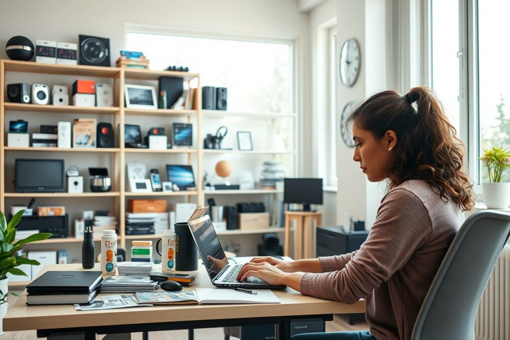 A bright, well-lit room with a cozy, modern home office setup. In the foreground, a person sits at a desk, intently focused on a laptop screen, surrounded by various product samples and test materials. The middle ground features shelves displaying an array of consumer electronics, home goods, and other products waiting to be evaluated. In the background, large windows let in natural light, creating a pleasant, productive atmosphere. The scene conveys the idea of a professional product tester carefully assessing items, providing valuable feedback, and earning compensation for their efforts.