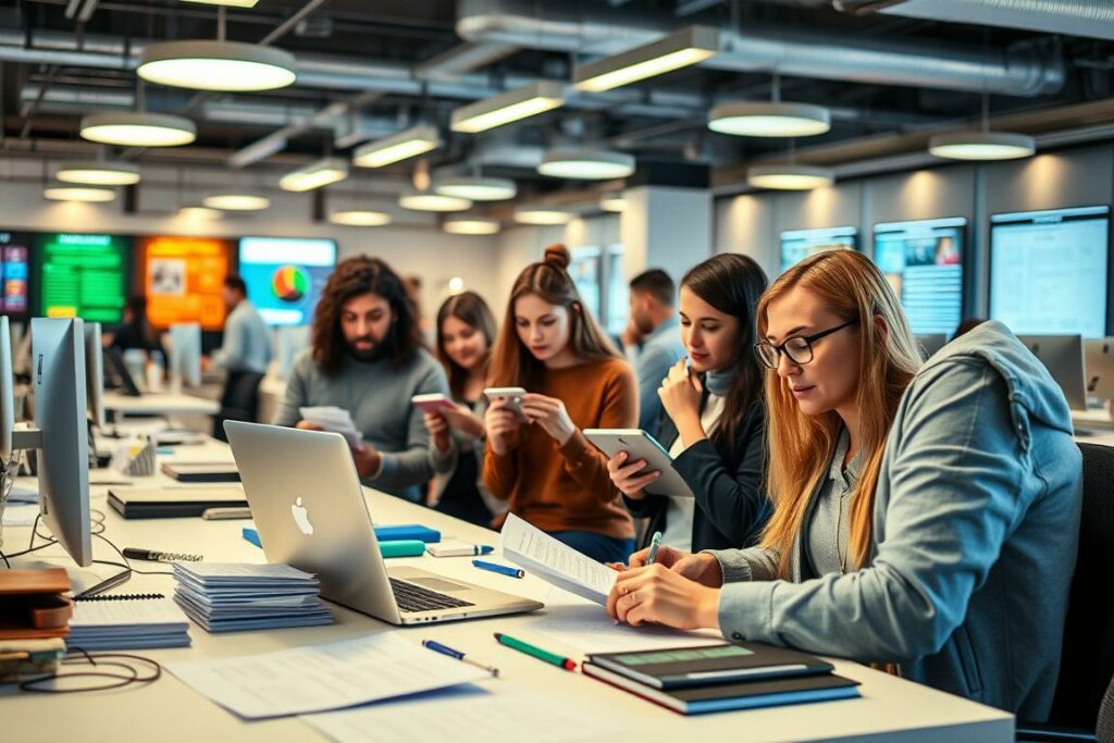 A bustling market research center, with a team of professionals diligently conducting comprehensive consumer surveys. The foreground features a modern, well-equipped workstation with a laptop, a stack of questionnaires, and a variety of stationery. In the middle ground, a group of diverse participants actively engaged in the survey process, their expressions reflecting thoughtfulness and attentiveness. The background showcases a vibrant, tech-savvy office environment, complete with sleek furniture, informative wall displays, and a warm, productivity-inducing lighting scheme. The overall atmosphere conveys a sense of collaboration, data-driven insights, and a commitment to understanding the evolving needs of the target audience.