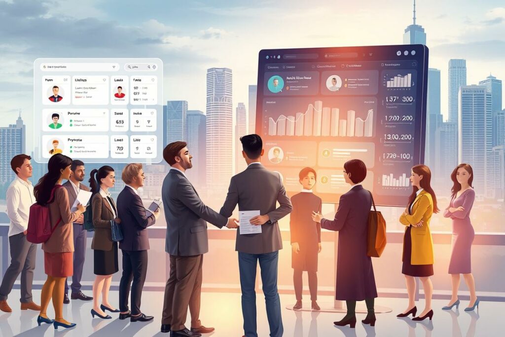 A detailed illustration of a peer-to-peer lending platform. In the foreground, a group of diverse individuals exchanging loan documents and shaking hands, representing the personal connections of a P2P network. In the middle ground, a digital interface depicting loan listings, interest rates, and borrower profiles, showcasing the technological aspect of the system. In the background, a cityscape with modern high-rises, symbolizing the global reach and accessibility of P2P lending. The scene is illuminated by warm, diffused lighting, creating a sense of trust, collaboration, and financial opportunity. The overall mood is one of financial innovation, empowerment, and human connection.