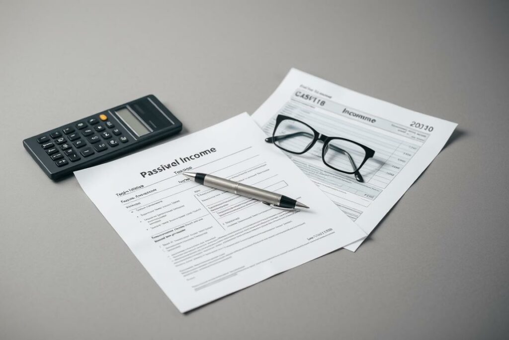 A detailed still life photograph of financial documents and tax forms, set against a neutral grey background. The documents are neatly arranged, with a pen, calculator, and a pair of reading glasses visible. Soft, even lighting illuminates the scene, creating a sense of professionalism and order. The overall mood is one of careful consideration and attention to detail, reflecting the need to properly manage and declare passive income according to tax regulations.
