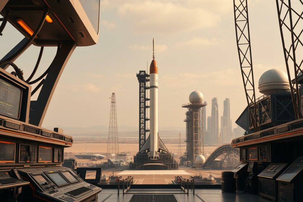 A high-tech launch platform stands tall, its sleek lines and gleaming metallic surfaces bathed in warm, golden light. In the foreground, an array of control panels and monitoring equipment, their displays flickering with data. The middle ground reveals the launch pad, a vast, open expanse ready to host the next groundbreaking mission. In the background, a futuristic cityscape emerges, its towering skyscrapers and gleaming domes hinting at a world of advanced technology and innovation. The overall scene conveys a sense of power, precision, and the thrilling anticipation of launching something extraordinary into the unknown. A high-tech launch platform stands tall, its sleek lines and gleaming metallic surfaces bathed in warm, golden light. In the foreground, an array of control panels and monitoring equipment, their displays flickering with data. The middle ground reveals the launch pad, a vast, open expanse ready to host the next groundbreaking mission. In the background, a futuristic cityscape emerges, its towering skyscrapers and gleaming domes hinting at a world of advanced technology and innovation. The overall scene conveys a sense of power, precision, and the thrilling anticipation of launching something extraordinary into the unknown.