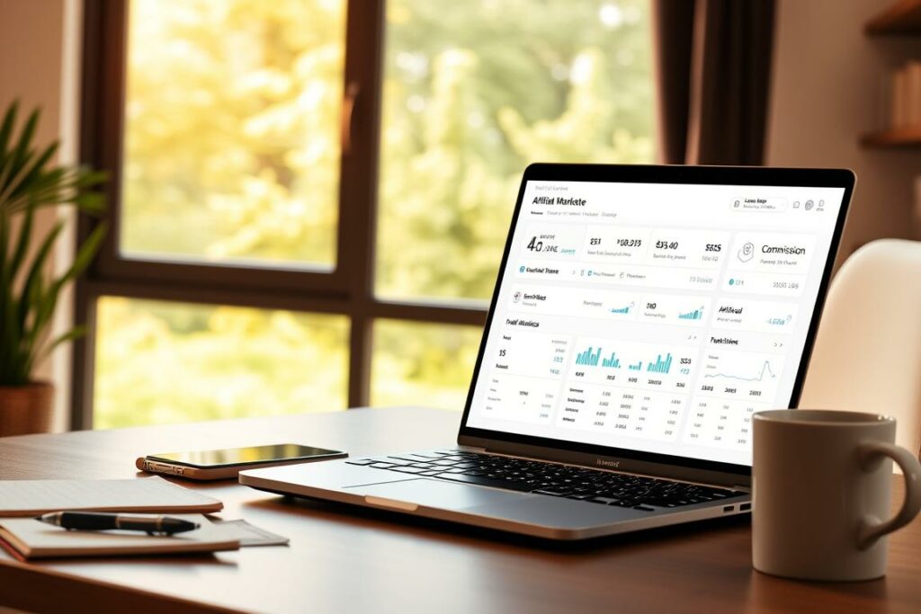 A modern home office setup with a laptop, smartphone, and desk accessories like a pen, notebook, and a mug of coffee. In the background, a large window overlooking a lush, green outdoor scene. Warm, natural lighting illuminates the space, creating a cozy and productive atmosphere. The focus is on the laptop screen, which displays an affiliate marketing dashboard with graphs, statistics, and commission payouts. The overall scene conveys the idea of passive income generation through affiliate marketing.