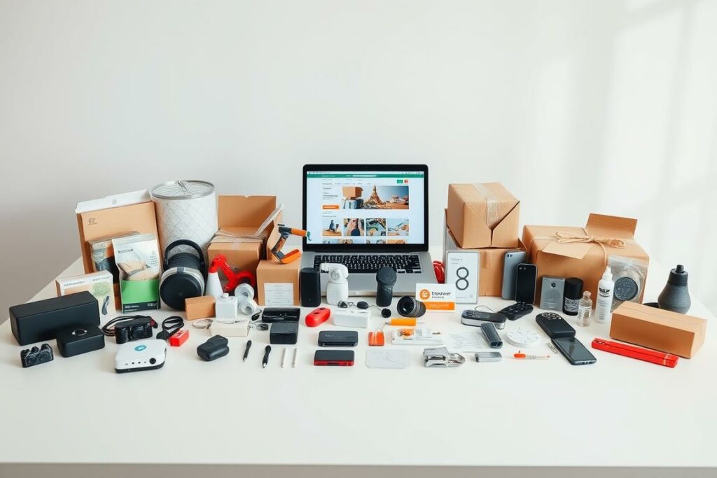 A modern, minimalist still life depicting a selection of diverse dropshipping products on a clean, white tabletop. The foreground features a variety of neatly arranged consumer electronics, gadgets, and novelty items, showcasing the potential variety of goods available through a dropshipping business model. The middle ground includes packaging materials, shipping labels, and a laptop displaying an online storefront, emphasizing the logistics and e-commerce aspect. The background is a soft, naturally-lit studio environment, creating a professional, aspirational atmosphere. The overall composition highlights the effortless, hassle-free nature of dropshipping as a means of earning money online.