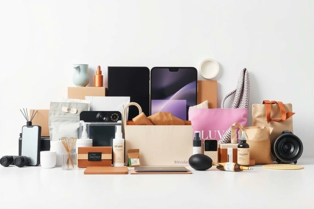 A modern, minimalist still life of various dropshipping products on a clean white background. In the foreground, a variety of generic consumer goods such as electronics, household items, and lifestyle accessories are neatly arranged, showcasing their simple but appealing design. The lighting is soft and diffused, creating a sense of depth and highlighting the products' textures and materials. In the middle ground, a subtle reflection of the items can be seen on the smooth, reflective surface, adding a sense of elegance. The background is a pure, pristine white, allowing the products to take center stage and emphasizing their versatility and ease of sale. The overall composition is balanced, visually striking, and conveys the effortless profitability of a dropshipping business model.