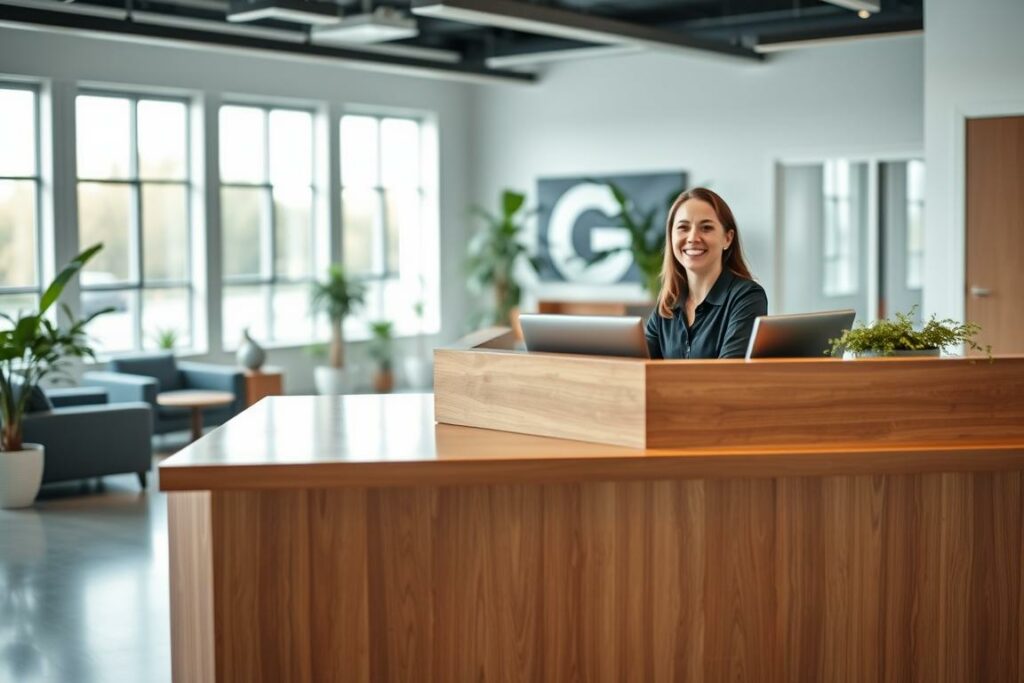 A modern, well-lit office interior with a customer service desk in the foreground. The desk is made of sleek, polished wood with a clean, minimalist design. Behind the desk, a friendly customer service agent sits, smiling and ready to assist customers. The middle ground features comfortable seating areas and potted plants, creating a welcoming and relaxed atmosphere. The background showcases large windows, allowing natural light to flood the space and giving a sense of openness and transparency. The overall tone is professional, efficient, and customer-focused, reflecting the high-quality customer service experience. A modern, well-lit office interior with a customer service desk in the foreground. The desk is made of sleek, polished wood with a clean, minimalist design. Behind the desk, a friendly customer service agent sits, smiling and ready to assist customers. The middle ground features comfortable seating areas and potted plants, creating a welcoming and relaxed atmosphere. The background showcases large windows, allowing natural light to flood the space and giving a sense of openness and transparency. The overall tone is professional, efficient, and customer-focused, reflecting the high-quality customer service experience.