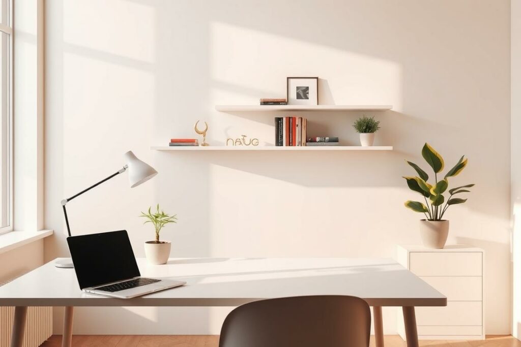 A neatly organized workspace with a minimalist, Bauhaus-inspired aesthetic. In the foreground, a clean, uncluttered desk with a sleek laptop, a simple geometric desk lamp, and a small potted plant, all bathed in soft, directional lighting. In the middle ground, floating shelves displaying a few carefully curated books and decorative objects, creating a sense of balance and harmony. The background features a plain, pale-colored wall, with a large window that allows natural light to filter in, casting a warm, ambient glow throughout the scene. The overall atmosphere conveys a sense of focus, efficiency, and thoughtful design - an idealized environment for productive work. A neatly organized workspace with a minimalist, Bauhaus-inspired aesthetic. In the foreground, a clean, uncluttered desk with a sleek laptop, a simple geometric desk lamp, and a small potted plant, all bathed in soft, directional lighting. In the middle ground, floating shelves displaying a few carefully curated books and decorative objects, creating a sense of balance and harmony. The background features a plain, pale-colored wall, with a large window that allows natural light to filter in, casting a warm, ambient glow throughout the scene. The overall atmosphere conveys a sense of focus, efficiency, and thoughtful design - an idealized environment for productive work.