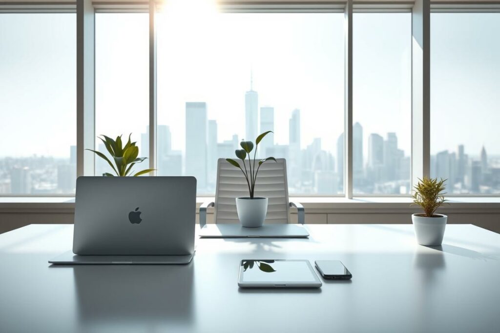A serene digital workspace, bathed in soft natural light streaming through sleek windows. In the foreground, an array of minimalist digital devices - a laptop, tablet, and smartphone - neatly arranged on a clean, uncluttered desk. The middle ground features a streamlined, modern office chair and a potted plant, creating a sense of balance and productivity. The background depicts a stylized cityscape, with skyscrapers and digital infrastructure hinting at the scalable, automated nature of the digital products. The overall aesthetic conveys a sense of efficiency, professionalism, and passive income potential.