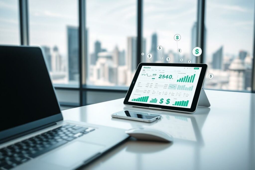 A sleek, modern desktop workspace with a laptop, smartphone, and various digital payment icons. The foreground features a crisp, minimalist keyboard and mouse setup. In the middle ground, a tablet displays financial charts and graphs, conveying the idea of online earnings. The background showcases a blurred cityscape through a large window, suggesting the global reach of digital income opportunities. The lighting is clean and bright, creating a professional, tech-savvy atmosphere. The overall composition emphasizes the seamless integration of technology and financial empowerment.