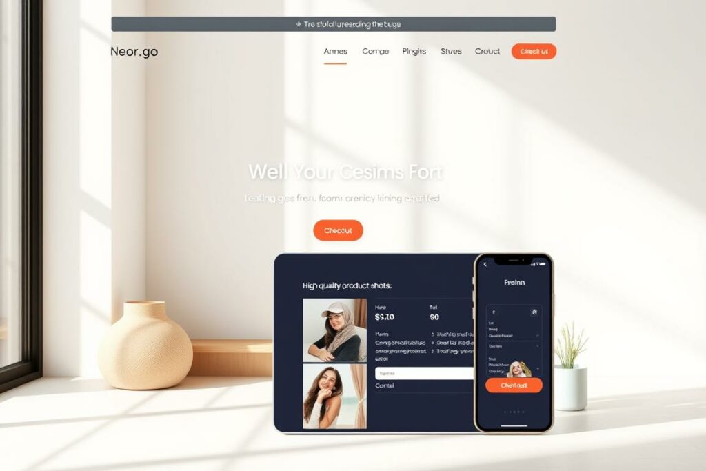A sleek, modern website with a clean, minimalist design. The homepage features a large hero image showcasing a beautifully crafted landing page, with high-quality product shots and an intuitive, user-friendly checkout process. Soft, natural lighting illuminates the scene, creating a warm and inviting atmosphere. The website is responsive and optimized for mobile devices, with a streamlined layout that enhances the overall user experience. The color palette is a harmonious blend of neutral tones, accented by subtle pops of vibrant hues that draw the eye to key elements. The layout is well-balanced, with a clear hierarchy and intuitive navigation, guiding the user through the website seamlessly. A sleek, modern website with a clean, minimalist design. The homepage features a large hero image showcasing a beautifully crafted landing page, with high-quality product shots and an intuitive, user-friendly checkout process. Soft, natural lighting illuminates the scene, creating a warm and inviting atmosphere. The website is responsive and optimized for mobile devices, with a streamlined layout that enhances the overall user experience. The color palette is a harmonious blend of neutral tones, accented by subtle pops of vibrant hues that draw the eye to key elements. The layout is well-balanced, with a clear hierarchy and intuitive navigation, guiding the user through the website seamlessly.