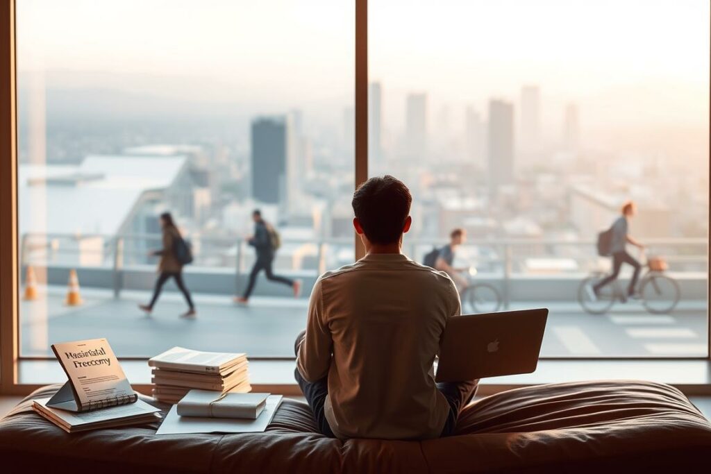 A tranquil, minimalist composition depicting the contrast between passive income and the gig economy. In the foreground, a serene figure sits comfortably, surrounded by symbols of financial freedom - a laptop, a stack of passive income reports, and a serene landscape visible through a window. In the middle ground, a bustling cityscape with people rushing to various gig jobs, conveying the hectic nature of the gig economy. The background is a soft, blurred gradient, creating a sense of focus and emphasis on the central figure's calm, relaxed state, symbolizing the essence of true passive income. Warm, natural lighting casts a sense of contentment, while a subtle, muted color palette reinforces the theme of financial stability and independence.