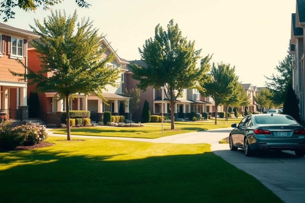 A tranquil suburban street lined with well-maintained, two-story residential buildings, each with a neatly landscaped front yard and a few trees providing gentle shade. The buildings have a mix of traditional and modern architectural styles, with some featuring warm, earthy tones and others sporting sleek, contemporary lines. The scene is bathed in soft, diffused sunlight, casting long shadows and creating a sense of calm and serenity. In the foreground, a well-kept lawn leads to a driveway, where a late-model sedan is parked, hinting at the comfort and stability of the neighborhood. The overall atmosphere conveys the idea of a reliable, passive income stream from a portfolio of well-managed rental properties.