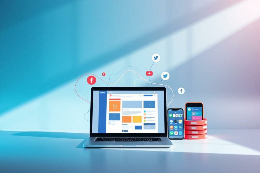A vibrant and dynamic marketing stack set against a sleek, modern backdrop. In the foreground, an array of content creation tools - a laptop, a tablet, and a smartphone, each displaying various social media platforms. In the middle ground, a stylized graphic representation of the content creation process, with flowing lines and abstract shapes. In the background, a minimalist geometric pattern in shades of blue and gray, conveying a sense of professionalism and efficiency. Soft, directional lighting casts subtle shadows, adding depth and dimensionality to the scene. The overall atmosphere is one of productivity, creativity, and the seamless integration of content and social media in a contemporary online business landscape. A vibrant and dynamic marketing stack set against a sleek, modern backdrop. In the foreground, an array of content creation tools - a laptop, a tablet, and a smartphone, each displaying various social media platforms. In the middle ground, a stylized graphic representation of the content creation process, with flowing lines and abstract shapes. In the background, a minimalist geometric pattern in shades of blue and gray, conveying a sense of professionalism and efficiency. Soft, directional lighting casts subtle shadows, adding depth and dimensionality to the scene. The overall atmosphere is one of productivity, creativity, and the seamless integration of content and social media in a contemporary online business landscape.