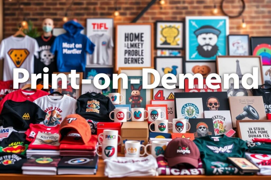 A vibrant and engaging image showcasing various print-on-demand products. In the foreground, a diverse array of apparel items, including t-shirts, hoodies, and hats, each featuring a unique and eye-catching design. The middle ground features an array of home decor items, such as mugs, posters, and canvas prints, all with a cohesive and visually appealing aesthetic. The background is blurred, creating a sense of depth and focus on the products. The lighting is soft and warm, creating a inviting and premium atmosphere. The overall composition is balanced and visually compelling, highlighting the versatility and potential of print-on-demand as a viable business opportunity.
