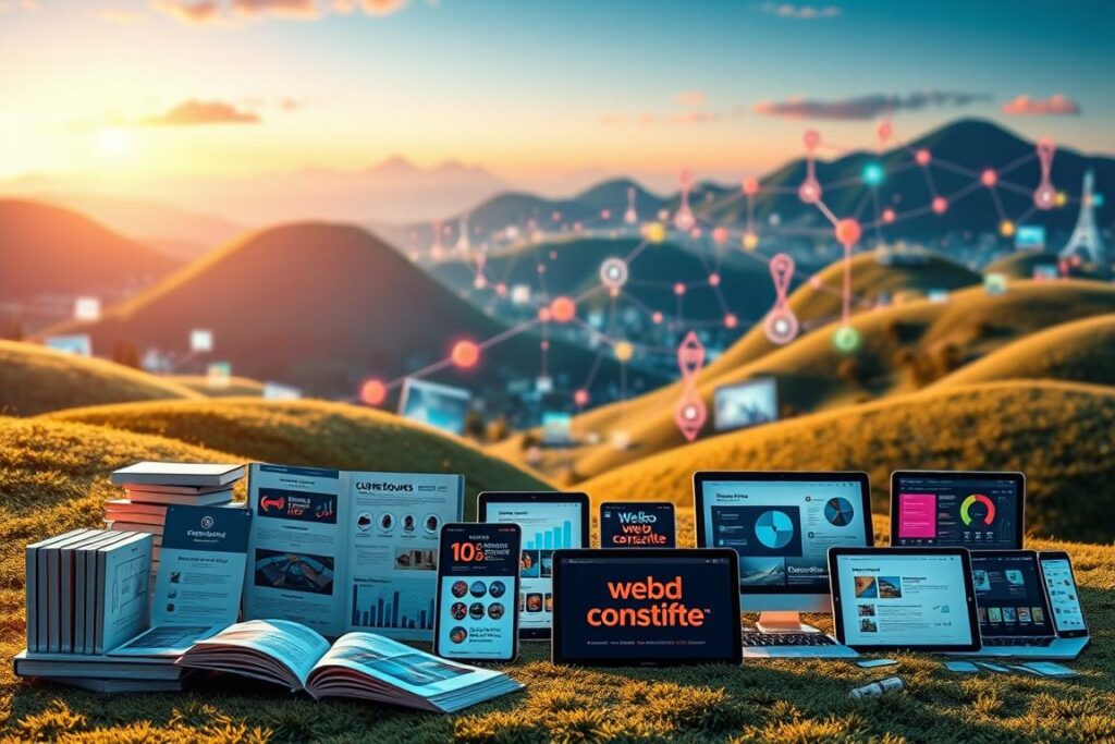 A vibrant digital landscape showcasing a diverse array of captivating digital products. In the foreground, a collection of e-books, online courses, and multimedia templates is elegantly displayed against a sleek, minimalist backdrop. The middle ground features interactive infographics and captivating web graphics, hinting at the wealth of content and resources available. In the background, a network of interconnected digital devices and platforms suggests the seamless integration of these digital offerings. The scene is illuminated by a warm, inviting lighting scheme, creating a sense of accessibility and opportunity. The overall mood is one of innovation, creativity, and the endless possibilities of the digital world.