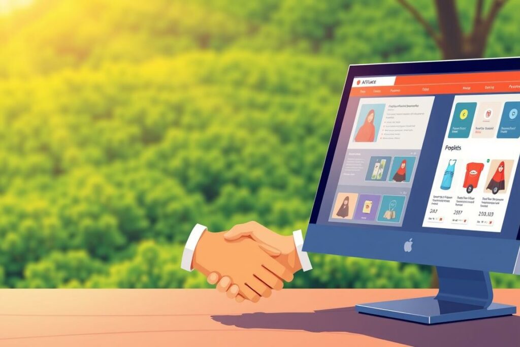 A vibrant illustration of affiliate marketing: a stylized computer monitor in the foreground displays an online shopping platform, with product images and links. In the middle ground, a hands-holding gesture represents the collaborative partnership between the affiliate and the merchant. The background depicts a lush, verdant landscape, symbolizing the growth and sustainability of the affiliate marketing business model. The lighting is warm and inviting, creating a sense of profitability and success. The overall composition conveys the lucrative potential of earning commissions through product recommendations in the digital age.