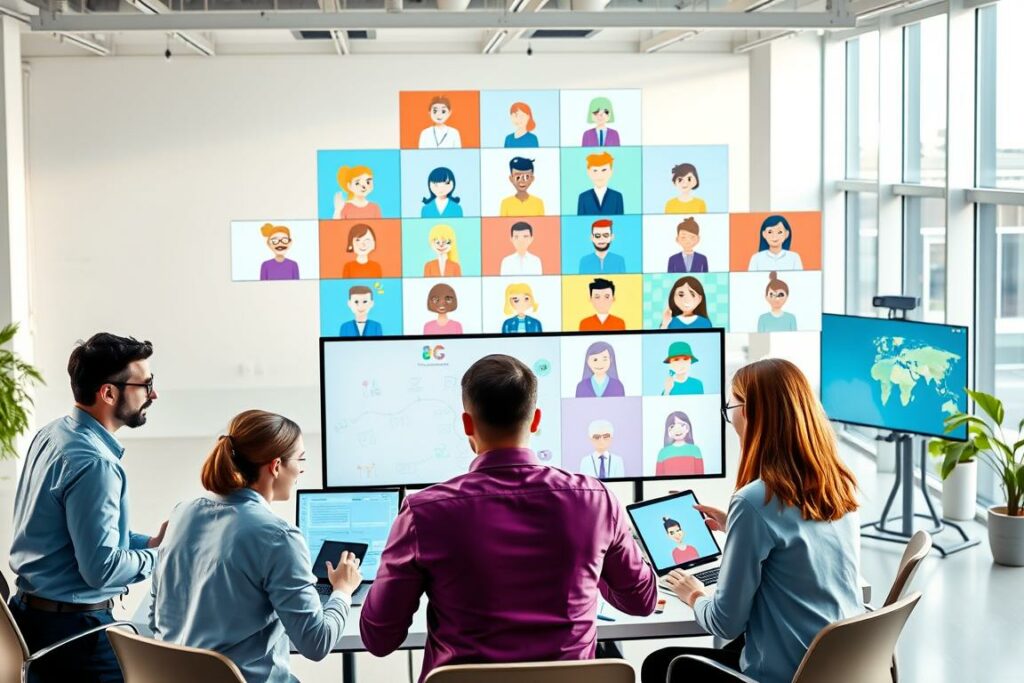 A vibrant remote team collaborating seamlessly, surrounded by sleek digital devices and holographic displays. In the foreground, professionals huddle over a virtual whiteboard, brainstorming ideas. The middle ground showcases a diverse array of individuals engaged in animated video calls, while the background depicts a minimalist office space with floor-to-ceiling windows, bathed in soft, natural lighting. The overall atmosphere exudes efficiency, innovation, and a sense of interconnectedness, capturing the essence of modern remote communication and teamwork. A vibrant remote team collaborating seamlessly, surrounded by sleek digital devices and holographic displays. In the foreground, professionals huddle over a virtual whiteboard, brainstorming ideas. The middle ground showcases a diverse array of individuals engaged in animated video calls, while the background depicts a minimalist office space with floor-to-ceiling windows, bathed in soft, natural lighting. The overall atmosphere exudes efficiency, innovation, and a sense of interconnectedness, capturing the essence of modern remote communication and teamwork.
