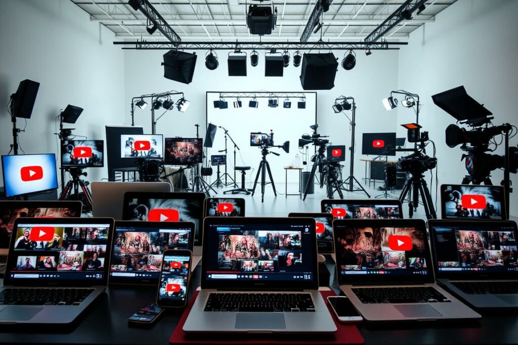 A vibrant scene showcasing the dynamic world of YouTube videos. In the foreground, a collection of modern laptops and smartphones display various video thumbnails and playback windows, reflecting the viewer's gaze. The middle ground features a diverse array of professional video production equipment, including cameras, lighting rigs, and audio gear, hinting at the technical expertise behind content creation. In the background, a sleek, minimalist studio space with clean white walls and modern furnishings sets the stage for the creative process. The overall mood is one of energy, innovation, and the boundless possibilities of online video content, capturing the essence of "YouTube and Videos: Reach, Advertising, Sponsorship".