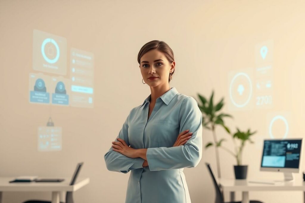 A virtual assistant, depicted as a female figure, standing in a modern, minimalist office setting. She is surrounded by holographic interfaces and digital displays, conveying a sense of technology and efficiency. The lighting is soft and warm, creating a calming, productive atmosphere. The figure's pose is one of focus and determination, suggesting her ability to organize, coordinate, and complete tasks effectively. The background is clean and uncluttered, allowing the virtual assistant to be the central focus of the image.