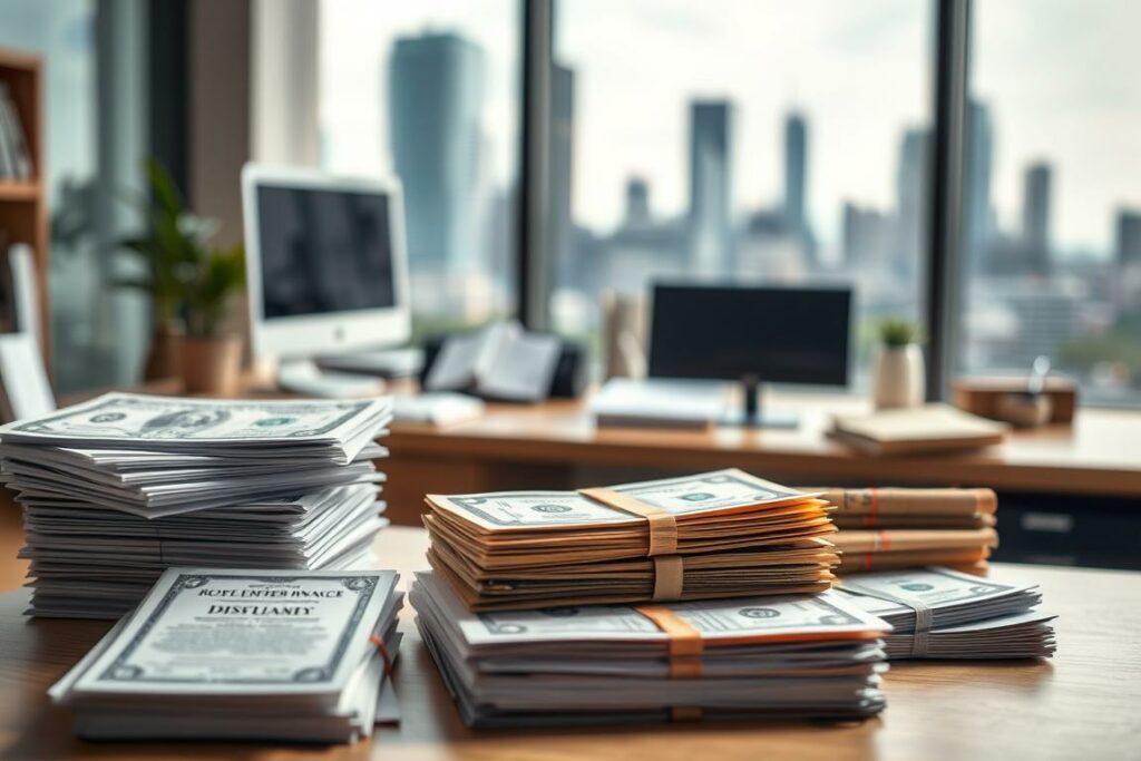 A well-lit, high-definition image of various financial instruments arranged in the foreground, including stacks of stock certificates, bonds, and investment documents. In the middle ground, a serene office setting with a wooden desk, computer monitor, and other professional accessories. The background features a blurred cityscape with skyscrapers, suggesting an urban financial center. The overall mood is one of stability, growth, and opportunity, conveying the idea of building passive income through strategic investment in securities.