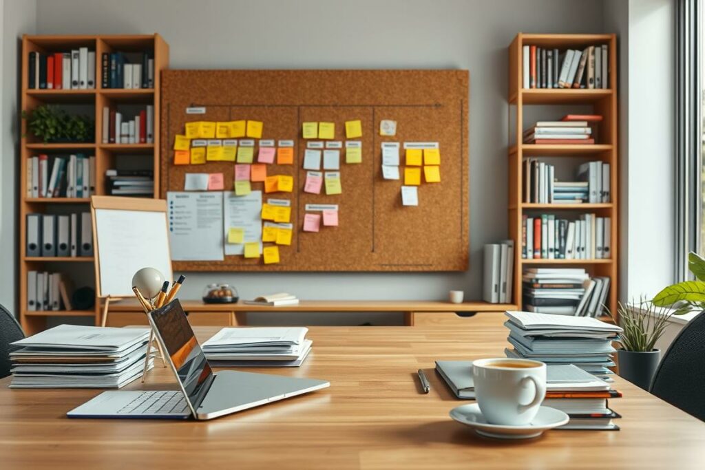A well-organized office workspace with a large desk featuring a laptop, a stack of files, and a cup of coffee. In the middle ground, a corkboard displays colorful sticky notes, project timelines, and a Kanban board. In the background, a bookshelf filled with management and productivity books. Soft, natural lighting illuminates the scene, creating a calm and focused atmosphere. The overall composition emphasizes efficiency, planning, and the tools needed for successful projektmanagement. A well-organized office workspace with a large desk featuring a laptop, a stack of files, and a cup of coffee. In the middle ground, a corkboard displays colorful sticky notes, project timelines, and a Kanban board. In the background, a bookshelf filled with management and productivity books. Soft, natural lighting illuminates the scene, creating a calm and focused atmosphere. The overall composition emphasizes efficiency, planning, and the tools needed for successful projektmanagement.