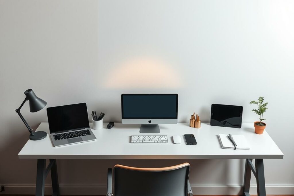 An organized, overhead view of a sleek, minimalist desktop workspace. In the foreground, a modern, uncluttered desk with clean lines, displaying an array of business-relevant items - a laptop, a smartphone, a notebook, and a few tasteful decorative accents. The middle ground features a clean, well-lit environment with subtle ambient lighting, giving the scene a professional, focused atmosphere. In the background, a simple, neutral-toned wall serves as a calm, unobtrusive backdrop, allowing the workspace elements to take center stage. The overall composition conveys a sense of efficiency, productivity, and digital organization - a visual representation of the "Übersicht" concept for online business tools and resources. An organized, overhead view of a sleek, minimalist desktop workspace. In the foreground, a modern, uncluttered desk with clean lines, displaying an array of business-relevant items - a laptop, a smartphone, a notebook, and a few tasteful decorative accents. The middle ground features a clean, well-lit environment with subtle ambient lighting, giving the scene a professional, focused atmosphere. In the background, a simple, neutral-toned wall serves as a calm, unobtrusive backdrop, allowing the workspace elements to take center stage. The overall composition conveys a sense of efficiency, productivity, and digital organization - a visual representation of the "Übersicht" concept for online business tools and resources.