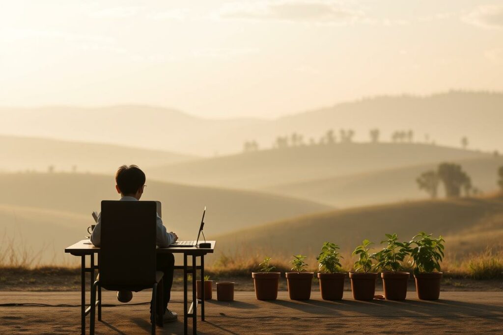 Prompt A serene, minimalist landscape depicting a small startup operation running on a limited budget. In the foreground, a person sits at a simple desk, intently focused on a laptop screen, surrounded by a few essential office supplies. The middle ground features a row of potted plants, symbolizing the gradual growth and cultivation of the passive income venture. The background showcases a tranquil, natural setting with rolling hills, a distant tree line, and a soft, warm lighting that filters through wispy clouds. The overall scene conveys a sense of calm, determination, and the potential for sustainable, low-risk income generation with modest means.