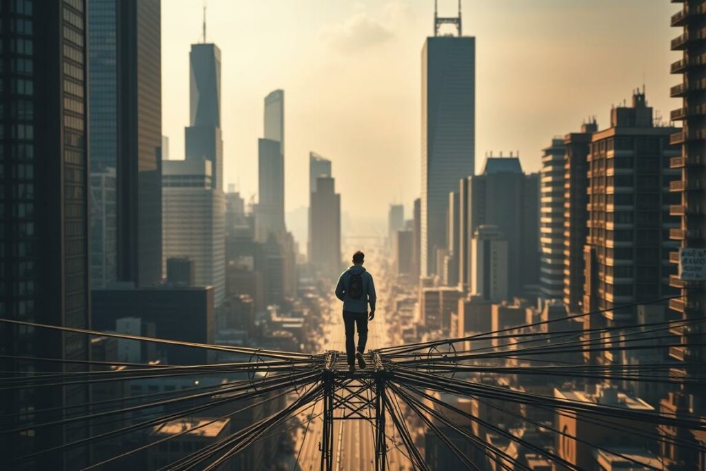 A bustling urban landscape, with towering skyscrapers and a maze of city streets. In the foreground, a person navigates a complex web of obstacles and challenges, symbolizing the difficulties of running a successful dropshipping business. The scene is illuminated by a warm, golden light, casting deep shadows that add depth and drama. The background features a hazy, out-of-focus cityscape, creating a sense of distance and the overwhelming nature of the challenges faced. The mood is one of determination and perseverance, as the individual strives to overcome the hurdles of the dropshipping industry.