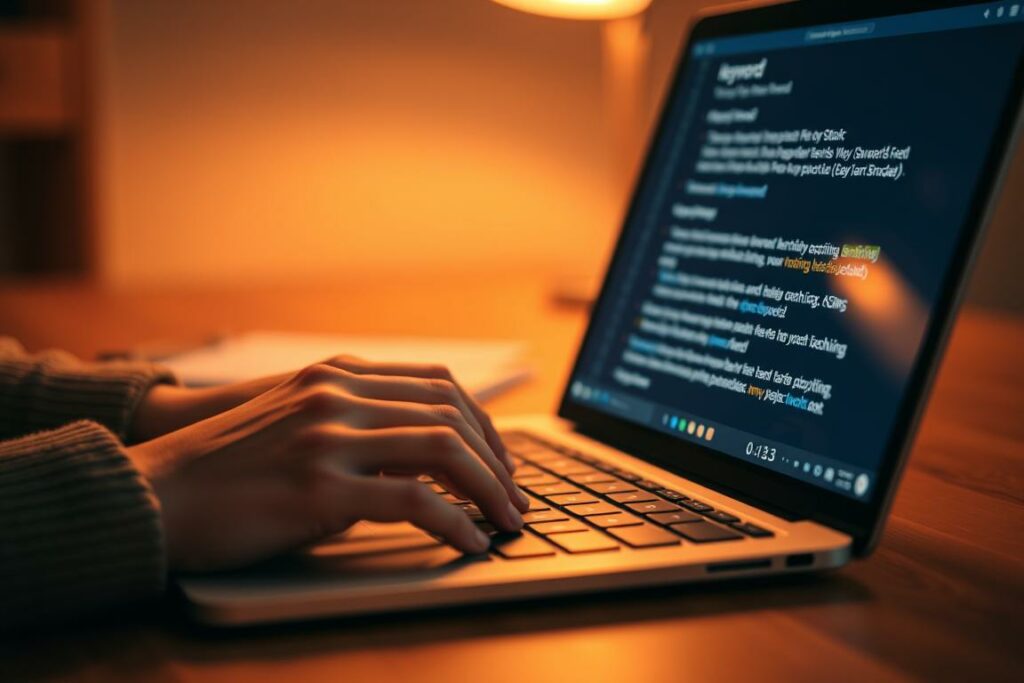 A closeup view of a person's hands on a laptop keyboard, typing and highlighting important keywords on the screen. The lighting is warm and focused, creating a cozy, productive atmosphere. The background is slightly blurred, with a minimalist workspace visible, emphasizing the task at hand. The fingers move with deliberation, selecting and emphasizing the most crucial terms, reflecting the importance of identifying and utilizing the right keywords for effective copywriting and SEO optimization.