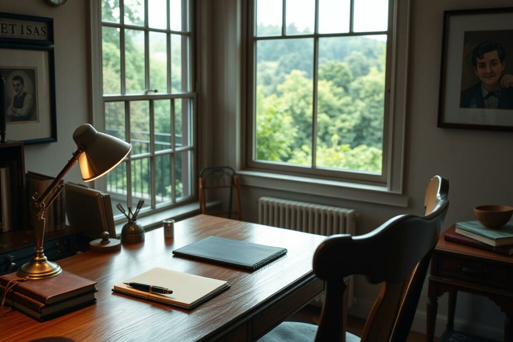 A cozy, well-lit home office with a vintage-inspired desk, a sturdy wooden chair, and a large window overlooking a lush, green landscape. On the desk, there's a neatly organized array of writing tools, including a classic fountain pen, a leather-bound notebook, and a few carefully selected reference books. The lighting is a warm, soft glow, creating a contemplative and productive atmosphere. The walls are adorned with minimal, tasteful artwork that complements the overall aesthetic. The scene exudes a sense of focus, creativity, and the timeless art of effective copywriting.