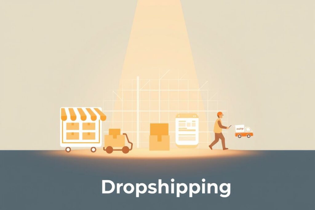A crisp, clean illustration of the fundamental aspects of dropshipping. The foreground depicts a simplified product delivery system, with packages flowing from an online store to customers' doorsteps. In the middle ground, an abstract representation of inventory management and order fulfillment processes. The background features a subtle grid pattern, symbolizing the e-commerce infrastructure that enables dropshipping. Illuminated by warm, diffused lighting, the scene conveys a sense of efficiency, convenience, and the seamless integration of digital and physical retail. Rendered in a minimalist, infographic-style aesthetic to clearly communicate the core dropshipping concept.