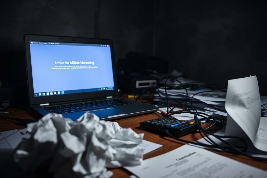 A dark, cluttered office desk with various affiliate marketing materials scattered around. A laptop screen displays an error message, casting an eerie glow. In the foreground, crumpled papers and a calculator symbolize the frustration of failed campaigns. The middle ground features a tangle of cables, representing the complexity of affiliate networks. The background is hazy, with dim lighting and a sense of dejection, mirroring the feelings of disappointment associated with "Fehler im Affiliate Marketing". The overall scene conveys a sense of disarray and the challenges faced by affiliate marketers.