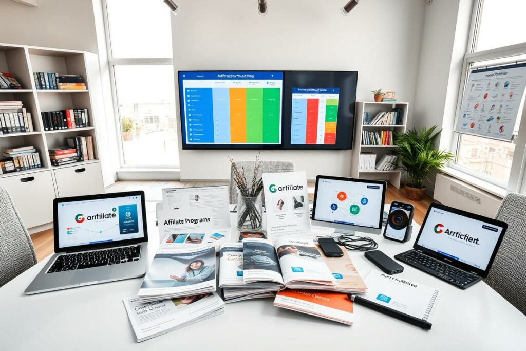 A high-quality, wide-angle photograph of an office desk featuring various affiliate program logos and icons. The desk is situated in a bright, modern workspace with large windows allowing natural light to flood the scene. On the desk, there are several digital devices such as a laptop, tablet, and smartphone, each showcasing different affiliate program dashboards and analytics. The middle ground features brochures, flyers, and other promotional materials for various affiliate programs, neatly organized. The background includes shelves with books on affiliate marketing and a wall-mounted monitor displaying a comparison chart of different affiliate programs. The overall mood is professional, organized, and informative, reflecting the importance of carefully selecting the right affiliate programs.