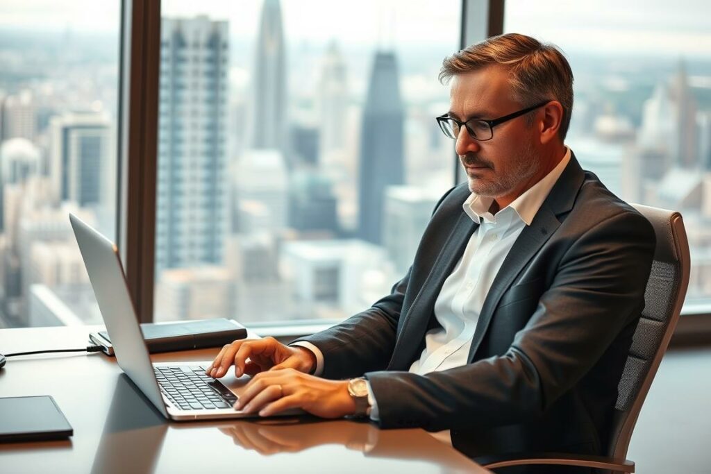 A middle-aged man, smartly dressed in a crisp white shirt, dark slacks, and a charcoal gray blazer, sits at a desk, intently focused on his laptop screen. The desk is neatly organized, with a sleek, modern aesthetic. The lighting is soft and warm, creating a productive and professional atmosphere. In the background, a large window overlooks a bustling city skyline, hinting at the broader context of the affiliate marketing industry. The man's expression conveys a sense of determination and strategic thinking, reflecting the "Strategien für erfolgreiches Affiliate Marketing" theme. The overall composition suggests the diligence, focus, and attention to detail required for successful content marketing affiliate work.