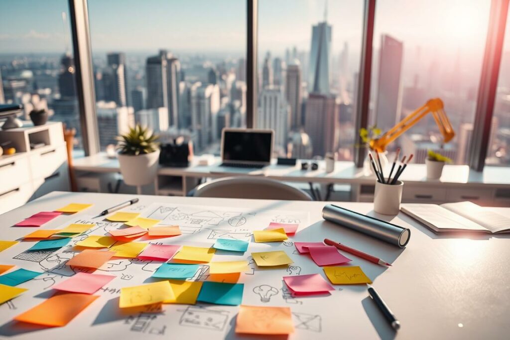A modern and visually captivating scene depicting "ideas for a startup". In the foreground, an array of colorful sticky notes, sketches, and sketches on a white desk, symbolizing the creative brainstorming process. In the middle ground, a laptop and various office supplies, suggesting a productive work environment. In the background, a large window overlooking a dynamic cityscape, hinting at the vast opportunities and market potential for a new startup venture. The lighting is bright and natural, casting a warm and inspiring glow over the scene. The overall mood is one of entrepreneurial excitement, innovation, and the thrill of bringing a new idea to life. A modern and visually captivating scene depicting "ideas for a startup". In the foreground, an array of colorful sticky notes, sketches, and sketches on a white desk, symbolizing the creative brainstorming process. In the middle ground, a laptop and various office supplies, suggesting a productive work environment. In the background, a large window overlooking a dynamic cityscape, hinting at the vast opportunities and market potential for a new startup venture. The lighting is bright and natural, casting a warm and inspiring glow over the scene. The overall mood is one of entrepreneurial excitement, innovation, and the thrill of bringing a new idea to life.