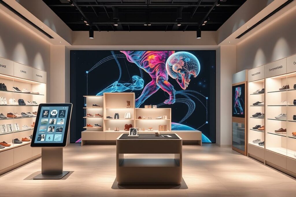 A modern, minimalist ecommerce storefront with clean, personalized product displays. In the foreground, a sleek, touchscreen kiosk showcases customizable product options. The middle ground features a neutral-toned, geometric shelving system highlighting personalized product recommendations. In the background, a large, seamless digital screen projects vivid, data-driven visuals, conveying the power of personalization to enhance the customer experience. Soft, diffused lighting creates a warm, inviting atmosphere, while the layout and design emphasize efficiency, customization, and a data-driven, automated approach to delighting customers.