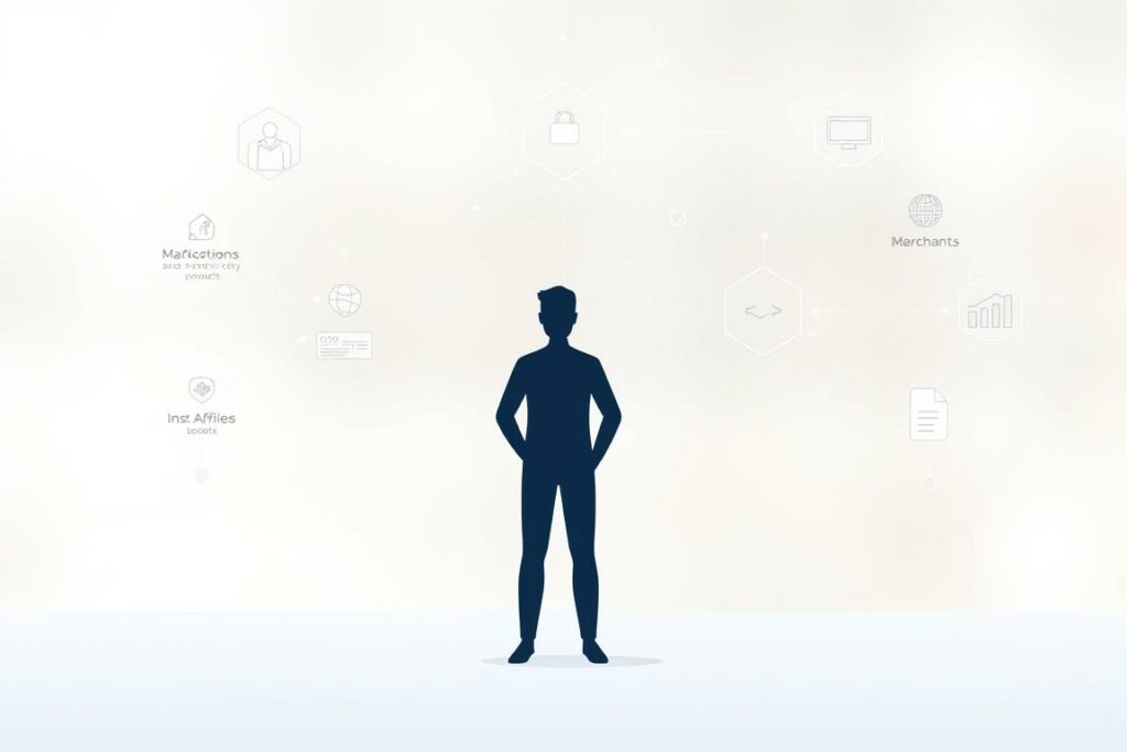 A modern, minimalist illustration depicting the concept of "Affiliate Marketing". In the foreground, a stylized human figure represents an affiliate, standing amidst a network of interconnected shapes and lines that symbolize the various elements of affiliate marketing, such as merchants, products, and commissions. The middle ground features a clean, geometric layout with subtle gradients and textures, creating a sense of depth and balance. The background is a softly blurred, neutral palette that allows the key elements to take center stage. The overall composition conveys the idea of a streamlined, collaborative ecosystem where affiliates can effectively promote and earn from products or services.