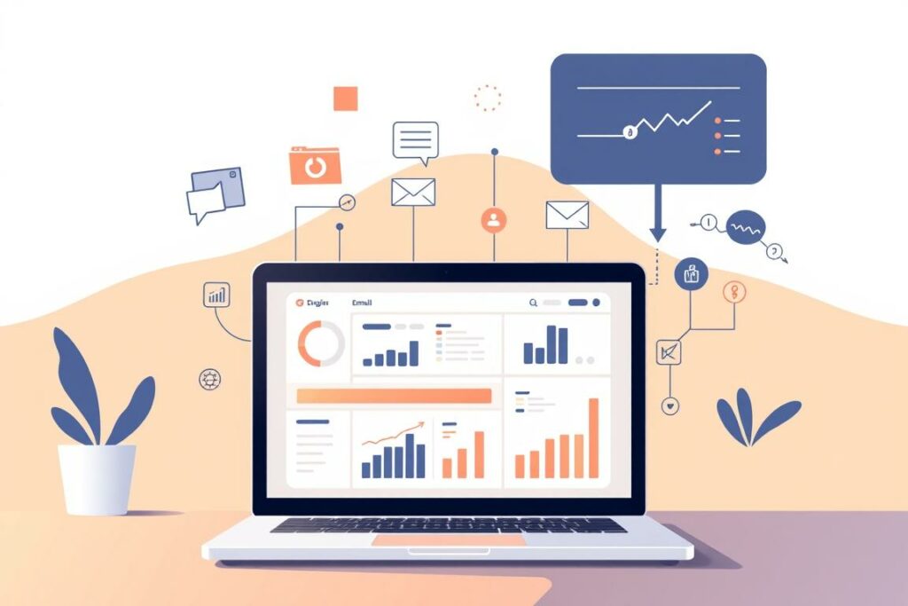A modern, minimalist illustration depicting the core concepts of digital marketing. In the foreground, a stylized laptop screen displays a sleek, interactive digital dashboard, showcasing key metrics and analytics. In the middle ground, abstract geometric shapes and icons symbolize the various digital channels and strategies - social media, email, SEO, content creation, and more. The background features a subtle gradient, conveying a sense of technology, innovation, and the digital landscape. Warm, soft lighting creates a professional, authoritative atmosphere, suitable for a business-focused article on marketing fundamentals.