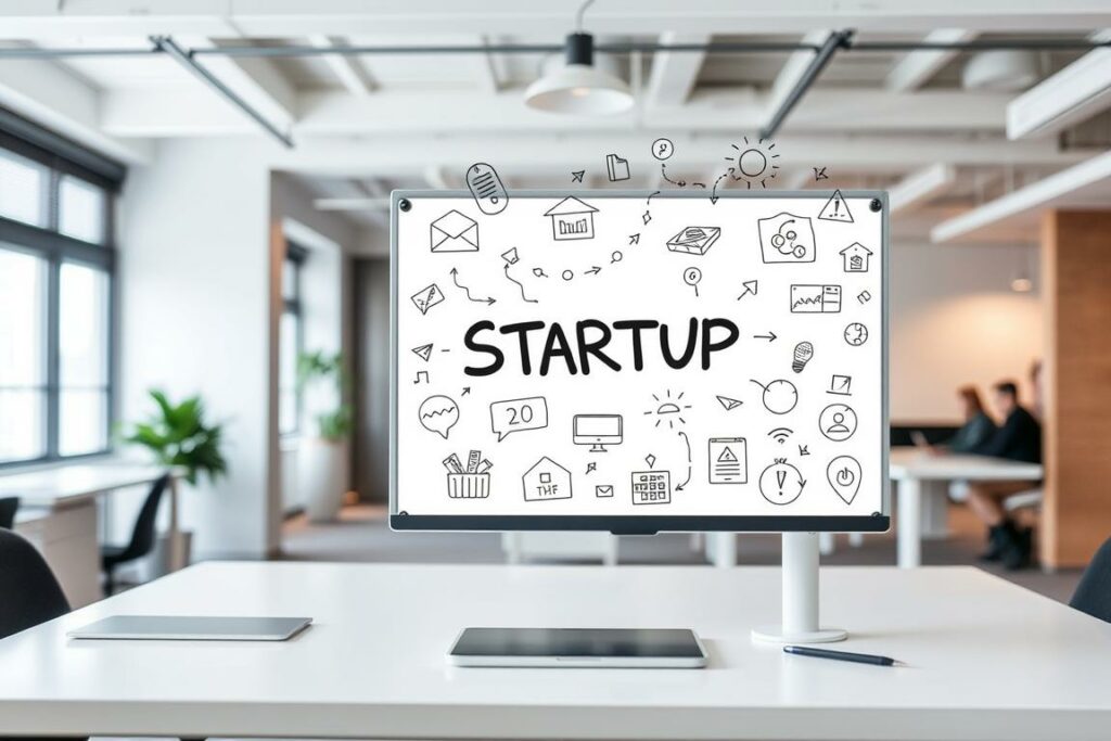 A modern, minimalist office setting with a whiteboard or table showcasing various startup ideas and concepts. The foreground features a clean, uncluttered desk with a laptop, tablet, and a few simple office supplies. The middle ground showcases the whiteboard or table with handwritten or digitally-rendered startup ideas, sketches, and notes. The background is softly blurred, with hints of a contemporary, open-plan workspace visible. The lighting is soft and diffused, creating a calm, professional atmosphere. The overall tone is one of creativity, innovation, and the excitement of a new business venture. A modern, minimalist office setting with a whiteboard or table showcasing various startup ideas and concepts. The foreground features a clean, uncluttered desk with a laptop, tablet, and a few simple office supplies. The middle ground showcases the whiteboard or table with handwritten or digitally-rendered startup ideas, sketches, and notes. The background is softly blurred, with hints of a contemporary, open-plan workspace visible. The lighting is soft and diffused, creating a calm, professional atmosphere. The overall tone is one of creativity, innovation, and the excitement of a new business venture.