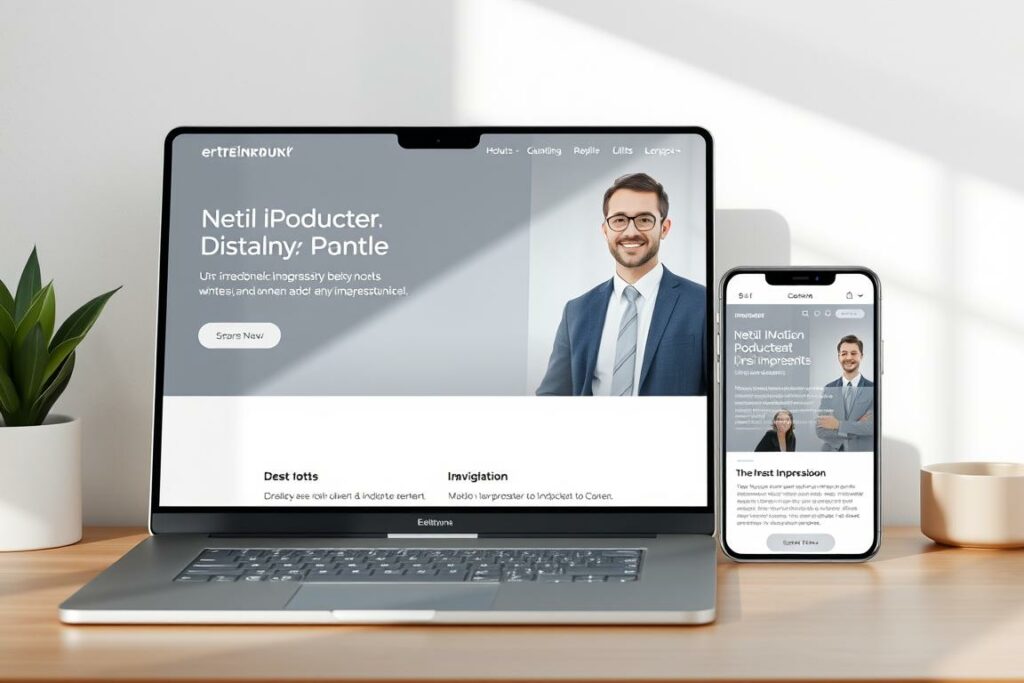 A modern, minimalist website design for the "ersteindruck" brand. The homepage features a sleek, responsive layout with a large hero image showcasing a professional headshot and clean typography. The navigation is intuitive, with clear calls-to-action guiding the user. The color palette is a calming blend of grays, whites, and subtle blues, exuding a sense of trust and reliability. The overall aesthetic is polished and visually appealing, reflecting the brand's commitment to providing a positive first impression. The lighting is natural, with soft shadows accentuating the product and interface elements. The camera angle is slightly elevated, giving the viewer a sense of an organized, professional online presence.