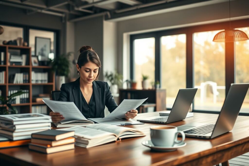 A modern, professional office setting with a cozy, warm atmosphere. The foreground features a businesswoman sitting at a wooden desk, intently studying legal documents. The middle ground showcases an array of legal books, a laptop, and a cup of coffee, hinting at the diligent research required for affiliate marketing compliance. The background displays floor-to-ceiling windows, allowing natural light to flood the space, creating a sense of openness and transparency. The overall mood is one of focused determination, with a subtle touch of sophistication.
