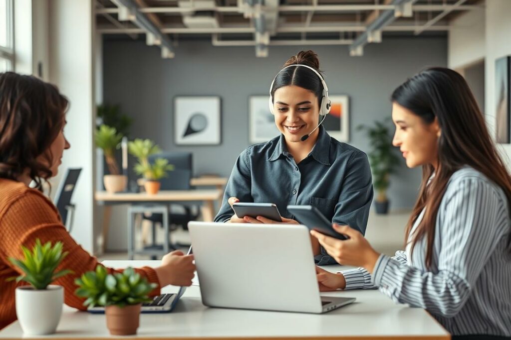 A modern, well-lit office interior with a prominently featured customer service representative assisting a diverse group of customers across multiple digital channels. The employee is positioned at the center, calmly and attentively interacting with clients on a laptop, tablet, and smartphone. The background features an open-concept workspace with workstations, potted plants, and artwork on the walls, conveying a professional, yet welcoming atmosphere. The lighting is soft and diffused, creating a sense of clarity and focus. The overall scene reflects an omnichannel support system that seamlessly integrates various touchpoints to deliver a cohesive, high-quality customer experience.