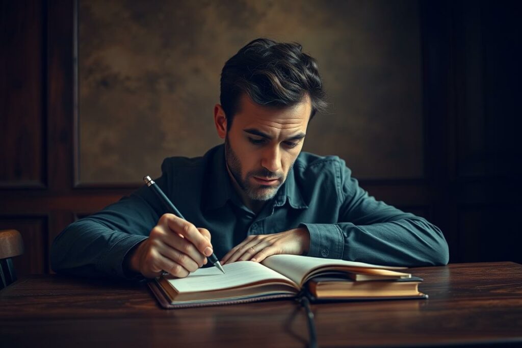 A pensive writer sits at a wooden desk, deep in thought, pen poised over a leather-bound notebook. The soft, muted lighting casts a contemplative mood, highlighting the focused expression and the intricate patterns on the desk's surface. The background is a blend of warm, earthy tones, evoking a sense of intellectual introspection. The angle is slightly elevated, giving the viewer a sense of observing the creative process unfold. The overall composition emphasizes the importance of the psychological and emotional elements of effective copywriting.