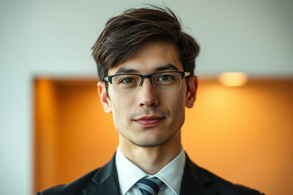 A portrait of Jasper AI, a German-language AI text assistant, in a professional, authoritative style. The subject is shown in a medium close-up, with a slight angle to suggest an earnest, trustworthy demeanor. The lighting is warm and directional, creating depth and definition. The background is softly blurred, keeping the focus on the subject. Jasper AI's persona is conveyed through a composed, confident expression and refined, business-casual attire. The overall mood is one of competence, reliability, and a commitment to providing valuable AI-powered language assistance.
