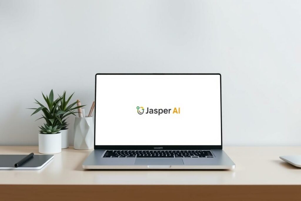 A sleek, minimalist desktop with a modern, silver laptop prominently displayed. The laptop's screen is illuminated, showcasing a clean, elegant interface with the "Jasper AI" logo and various text elements. The desktop is neatly organized, with a few essential office supplies and a potted plant adding a touch of natural elegance. Soft, diffused lighting creates a serene, professional atmosphere, emphasizing the laptop's crisp, high-resolution display. The composition is balanced, with the laptop positioned to draw the viewer's eye, conveying a sense of productivity and efficiency.