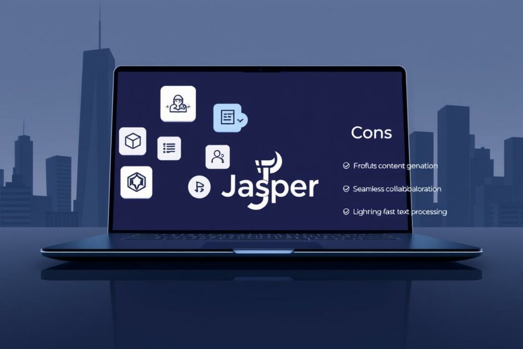 A striking digital illustration showcasing the Pros and Cons of Jasper AI, a cutting-edge AI text assistant. In the foreground, a sleek, futuristic laptop displays a series of floating icons representing Jasper's key features - effortless content generation, seamless collaboration, and lightning-fast text processing. The middle ground features a stylized representation of the Jasper AI logo, its dynamic design hinting at the tool's adaptability and intelligence. In the background, a moody, minimalist cityscape sets the stage, with skyscrapers casting long shadows and a subtle color palette conveying a sense of sophisticated technology. The overall composition exudes a balance of power and precision, capturing the essence of Jasper AI's capabilities and the user experience.