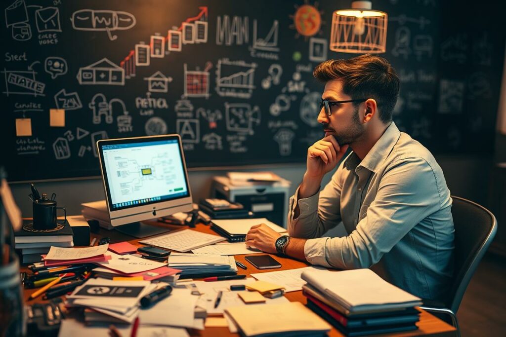 A thoughtful entrepreneur sits at a cluttered desk, surrounded by a jumble of sketches, sticky notes, and a laptop displaying a mind map. The lighting is warm and focused, casting a pensive glow on the scene. In the background, a chalkboard wall displays a series of colorful concepts and diagrams, hinting at the creative process unfolding. The overall atmosphere conveys a sense of inspiration and the excitement of transforming ideas into a viable start-up. A sense of possibility and potential fills the frame, inviting the viewer to imagine themselves in the midst of this dynamic creative space. A thoughtful entrepreneur sits at a cluttered desk, surrounded by a jumble of sketches, sticky notes, and a laptop displaying a mind map. The lighting is warm and focused, casting a pensive glow on the scene. In the background, a chalkboard wall displays a series of colorful concepts and diagrams, hinting at the creative process unfolding. The overall atmosphere conveys a sense of inspiration and the excitement of transforming ideas into a viable start-up. A sense of possibility and potential fills the frame, inviting the viewer to imagine themselves in the midst of this dynamic creative space.