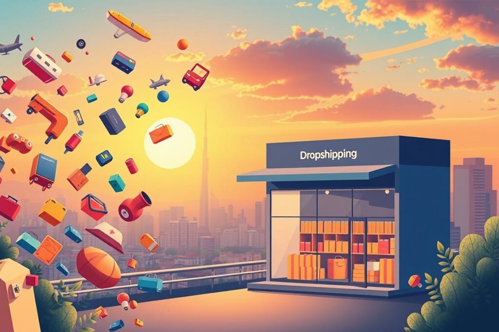 A vibrant and dynamic illustration showcasing the key benefits of dropshipping. In the foreground, a diverse array of products float effortlessly, representing the wide selection available to dropshipping merchants. In the middle ground, a modern e-commerce storefront with a sleek, minimalist design, emphasizing the low overhead and ease of setup. In the background, a serene cityscape bathed in warm, golden light, symbolizing the global reach and flexibility of the dropshipping business model. The overall tone is one of efficiency, opportunity, and a sense of boundless potential, perfectly capturing the "Vorteile" or advantages of the dropshipping approach.