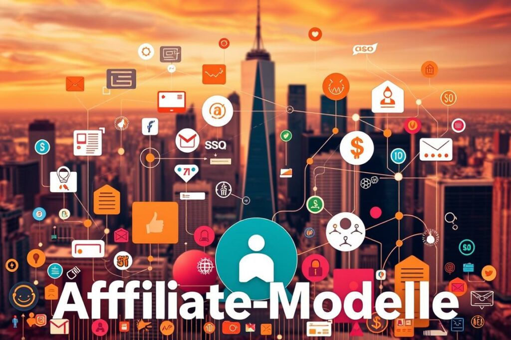 A vibrant collage of affiliate marketing models, captured in a dynamic and visually engaging manner. In the foreground, various icons and symbols representing different affiliate programs - from product placements to referral links, each distinct yet harmoniously integrated. The middle ground showcases diverse revenue streams, such as commission-based sales, subscription models, and pay-per-click advertisements, all interconnected through a web of digital connections. In the background, a sleek and modern cityscape serves as the backdrop, symbolizing the global reach and technological infrastructure powering the affiliate ecosystem. Warm, saturated hues and a sense of depth create a visually striking and professional-looking composition, reflecting the versatility and potential of the "Affiliate-Modelle" concept.