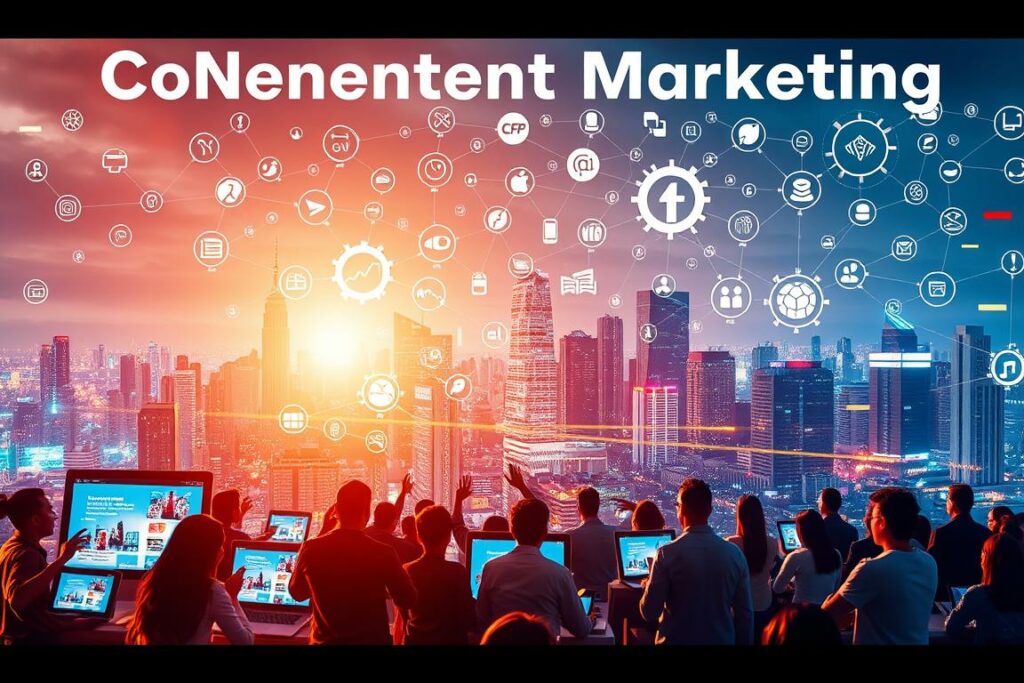 A vibrant digital landscape showcasing the power of content marketing. In the foreground, an array of digital devices - smartphones, laptops, tablets - display engaging content, capturing the attention of a diverse audience. The middle ground features a network of interconnected icons, symbols, and data visualizations, representing the flow of information, ideas, and strategies. In the background, a dynamic, technology-infused cityscape sets the stage, with skyscrapers, neon lights, and a pulsing energy that embodies the digital age. Warm, diffused lighting casts a subtle glow, creating a sense of warmth and connection. The overall composition conveys the strategic, multi-faceted nature of effective content marketing in the digital realm.