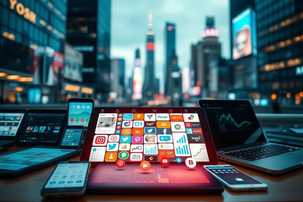 A vibrant, dynamic scene of social media marketing. In the foreground, an array of digital devices - smartphones, tablets, laptops - showcasing various social media platforms and marketing analytics. The middle ground features a stylized social media icon grid, with colorful bubbles, graphs, and data visualizations. In the background, a blurred cityscape with skyscrapers and neon signs, conveying the fast-paced, tech-driven nature of modern marketing. The overall atmosphere is one of energy, connectivity, and the seamless integration of social media into business strategy. Soft, diffused lighting casts a warm glow, creating a sense of productivity and innovation. Shot with a wide-angle lens to capture the breadth of the scene.